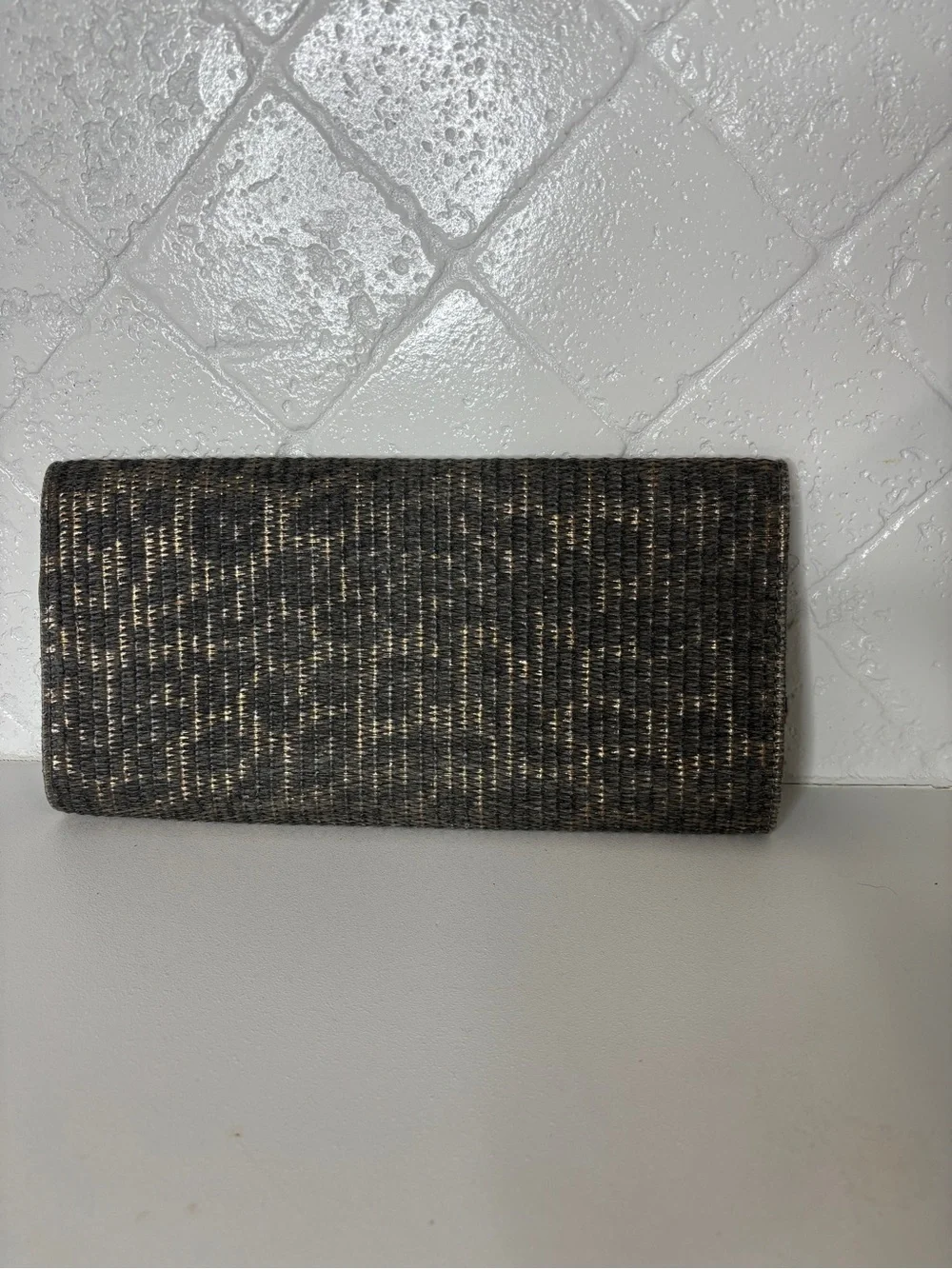 Woven Gray Fold-Over Clutch with Gold-Tone Turnlock